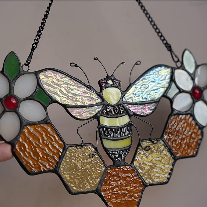Bee Decor Stained Glass Window Hanging,Honeybee Honeycomb with Flowers Suncatcher for Window,Wall Art Ornaments,Birthday Gifts for Women,Friends,Housewarming Gift