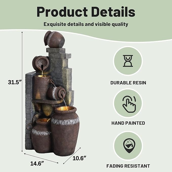 6-Tiers Garden Waterfall Fountain Outdoor - 31’5''H Water Fountains and Waterfalls, Large Outdoor/Indoor Floor Standing Resin Water Fountain with LED Light for Patio, Garden and Home (31.5”H)