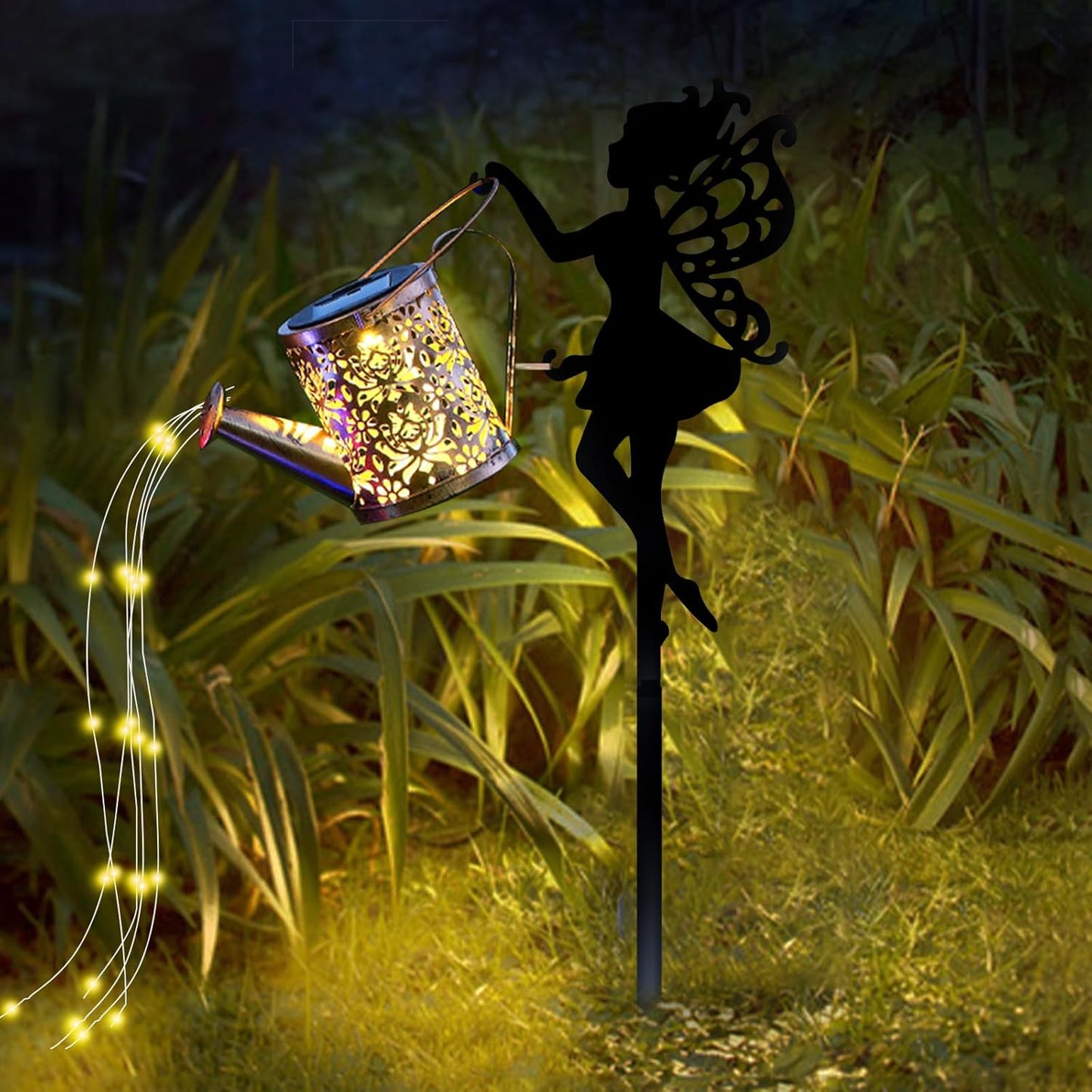 2 Pack Solar Garden Lights, Fairy Sprinkling Water Lights with 6x6 LEDs, Solar Powered Pathway Lights with Iron Fairy Decor for Yard, Garden, Patio Décor (2 Fairy Lamps)