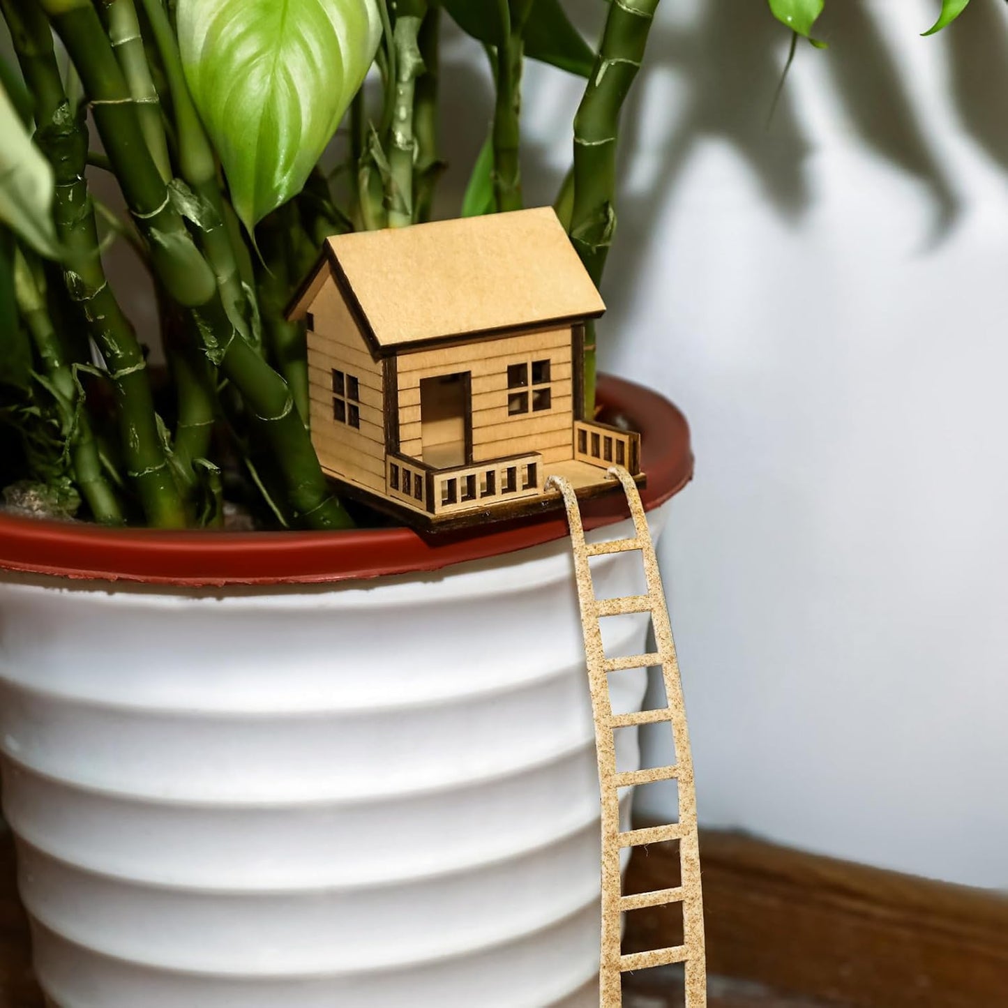 Mini Wooden Treehouse with Ladder – Plant Mini Treehouse, Miniature Flower Pot Tree House, Fairy Garden House, Rustic Log Cabin Desktop Ornament
