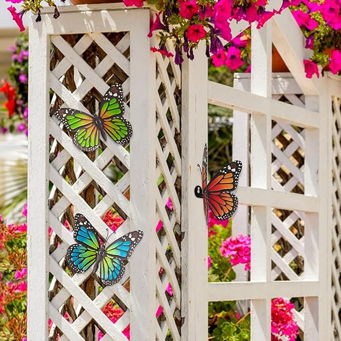 EOORAU Metal Butterfly Wall Decor - 3 Pcs Butterflies Wall Sculpture Hanging Decorations for Outdoor Fences Patio Yard Fence Garden Decorations, Gifts for Mom Friends