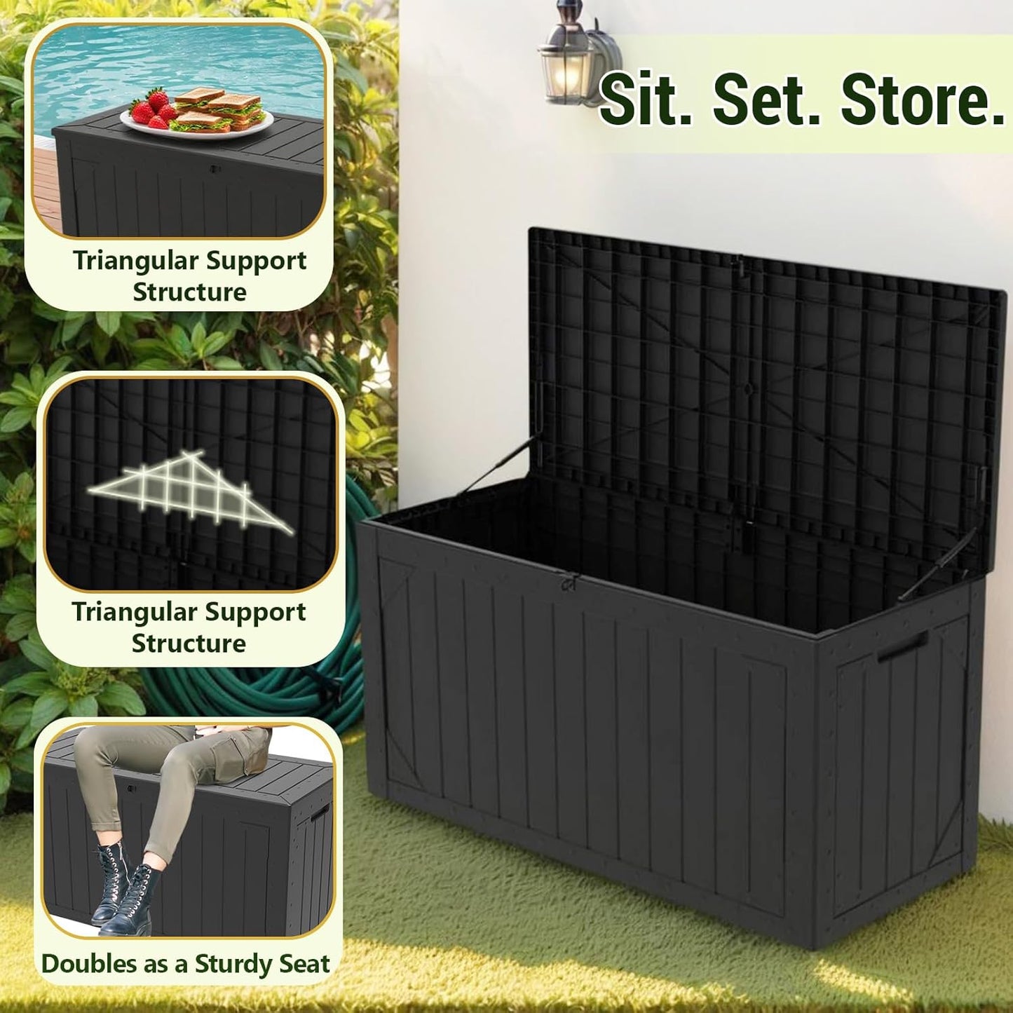 TARKARI 100 Gallon Lockable Resin Deck Box, Waterproof & UV-Resistant Outdoor Storage Box for Outdoor Cushion Storage, Garden Tools & Pool Accessories Storage, Black