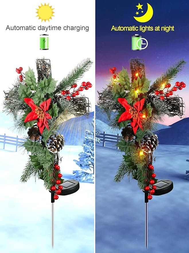 2 Pack Christmas Decorations Outdoor Solar Cross Stake Lights for Christmas Decor, IP65 Waterproof, Auto On/Off Cross Light Grave Decorations with 10 LEDs & Pinecones for Garden Yard Lawn Cemetery