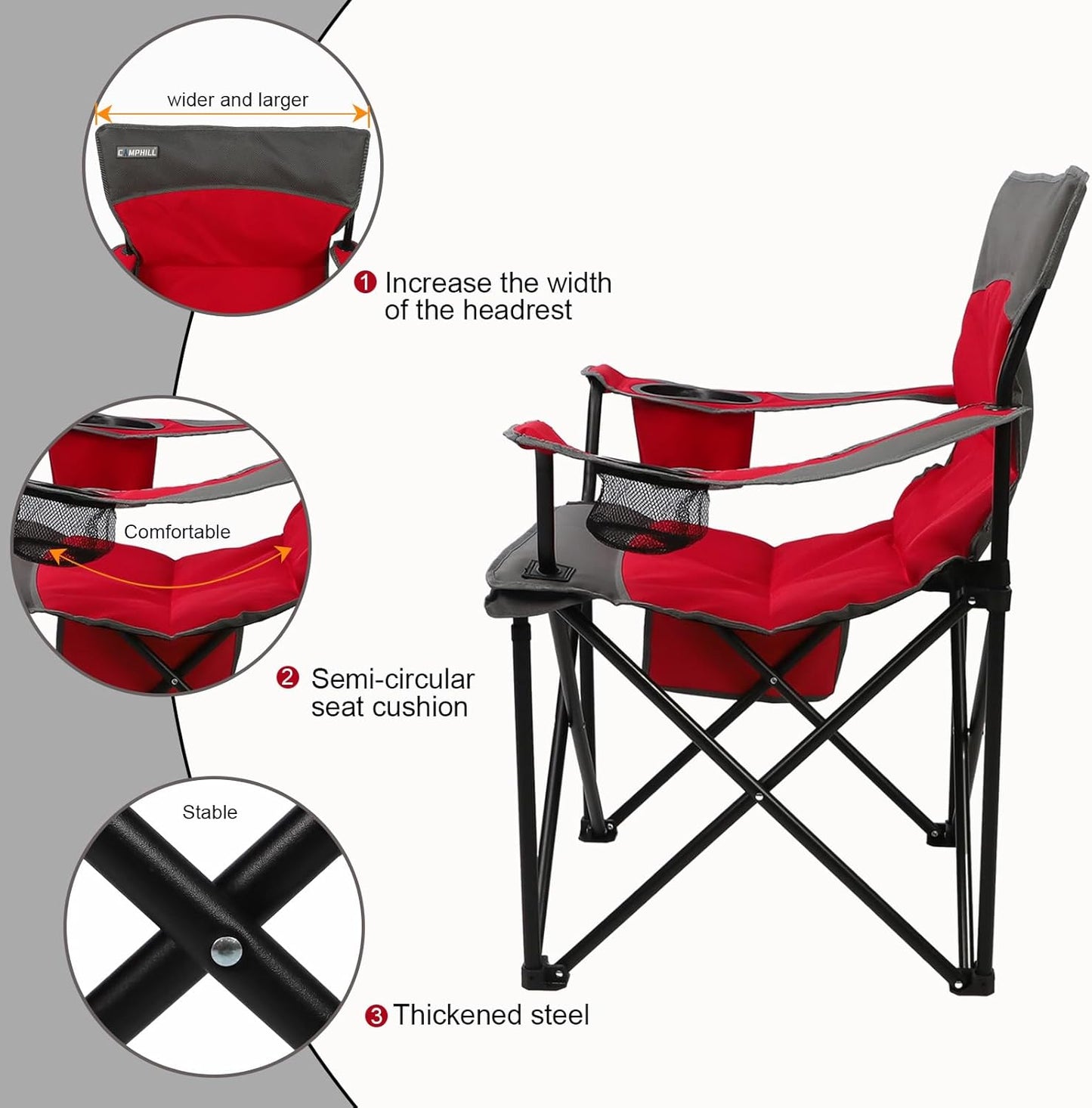 CAMPHILL Oversized Portable Camping Chairs, Collapsible Outdoor Chairs with Pocket and Cup Holders, Carry Bag for Camping,Tailgates,Beach,and Sports