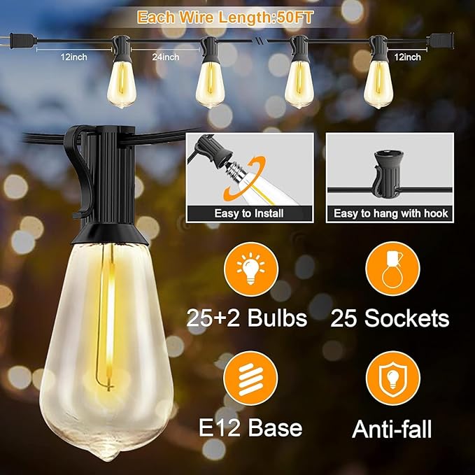 50Ft Outdoor String Lights, ST38 LED Outdoor Patio Lights Waterproof with 27 Edison Bulb (2 Spare), Dimmable Outside Hanging Backyard Lights for Porch Balcony Deck Garden Party Xmas Decor