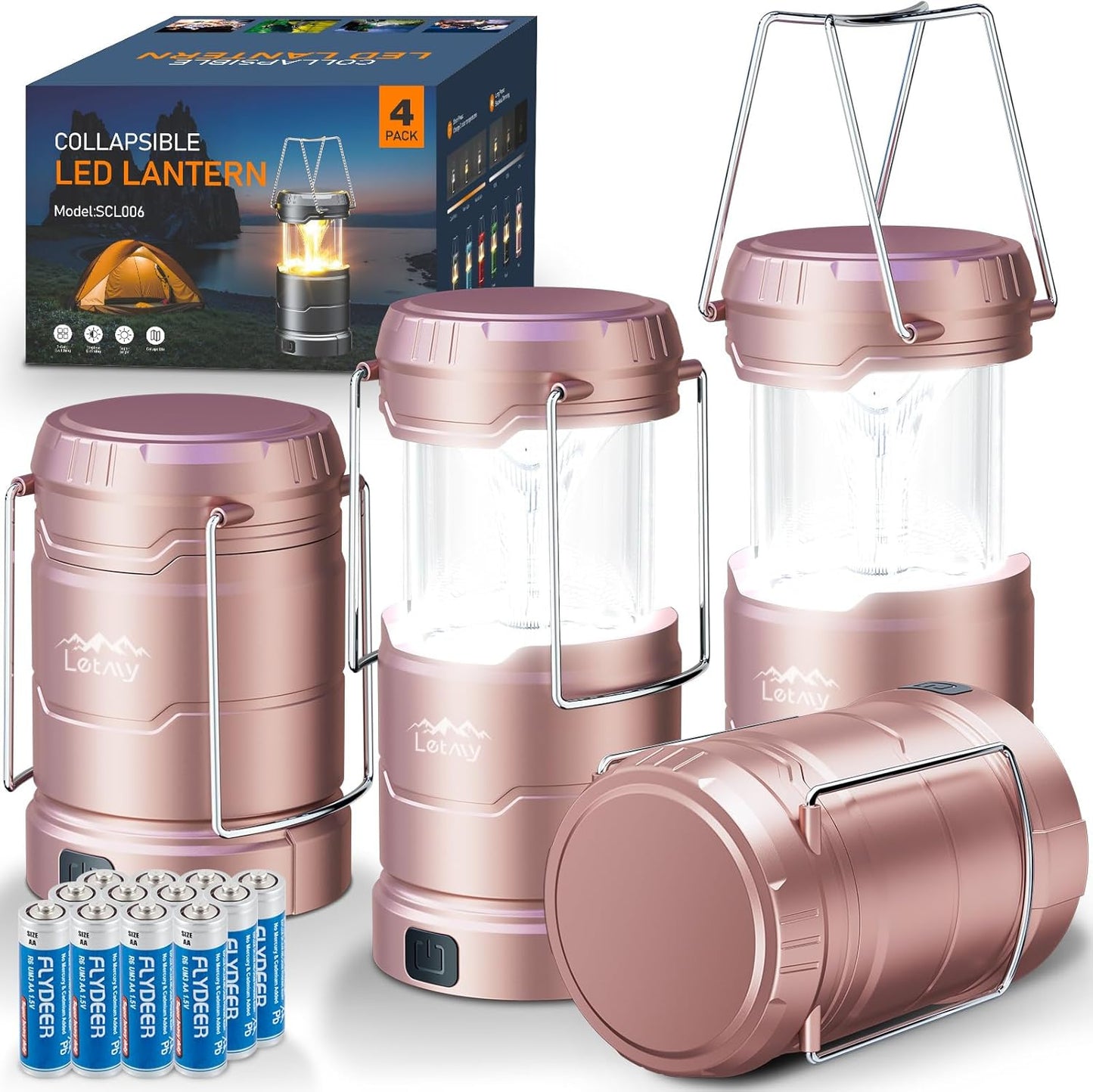 LETMY LED Camping Lantern for Power Outages, 3 Color Modes & Dimmable Battery Powered Lantern, IPX4 Waterproof & Collapsible, Lanterns Flashlight Survival Kits for Emergency Hurricane Hiking, 4 Pack