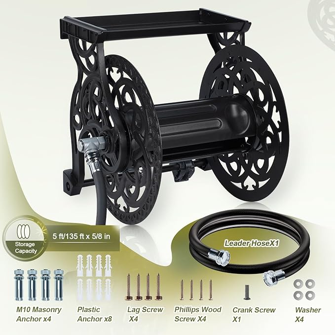 Metal Decorative Garden Hose Reel, Heavy Duty Hose Holder for Outside, Aluminum Frame, No-Leak Aluminum Water System, Easy Assmbly, Wall Mount, Holds 135 ft x 5/8" Hose Storage, Dark Bronze