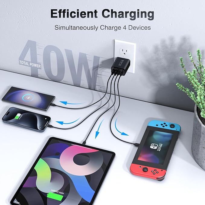 [2 Pack/40W] 4-Port USB C Wall Charger Block, Fast Type C Power Brick Charging Cube Power Delivery Wall Plug for iPhone 15/14/13/12/14 Pro/13 Pro, Huawei, Xiaomi, Oneplus, Galaxy(Black)