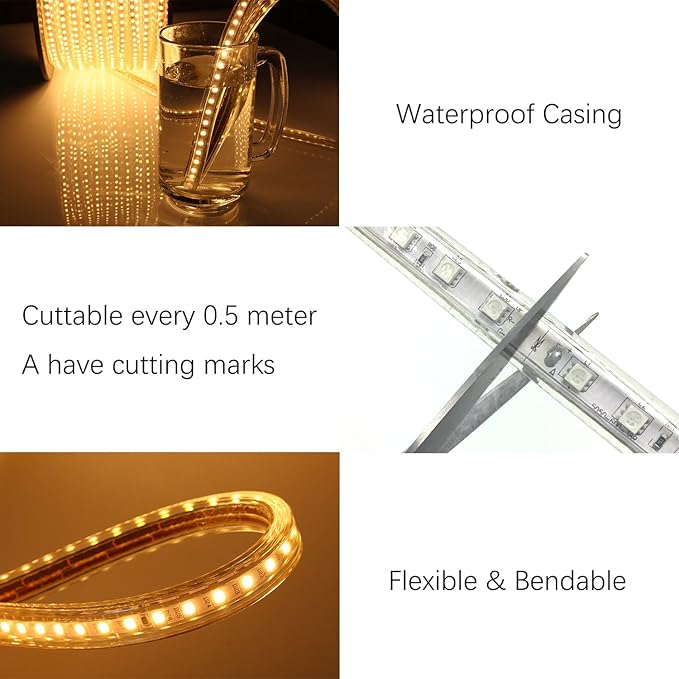 5050-60 Type AC 110-120V White LED Strip Lights, Flexible/Waterproof/Dimmable/Multi-Modes LED Rope Light + 23 Keys Remote for Home/Garden/Building Decoration (98.4ft/30m, White 6000K)