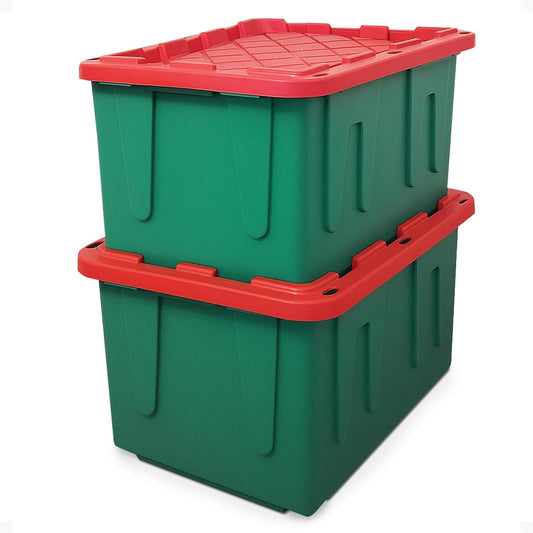 HOMZ 2-Pack Durabilt, Heavy Duty Plastic Storage Bins with Lids, 27 Gallon, Green/Red - Stackable Container Boxes for Holiday, Attic, and Garage Organization