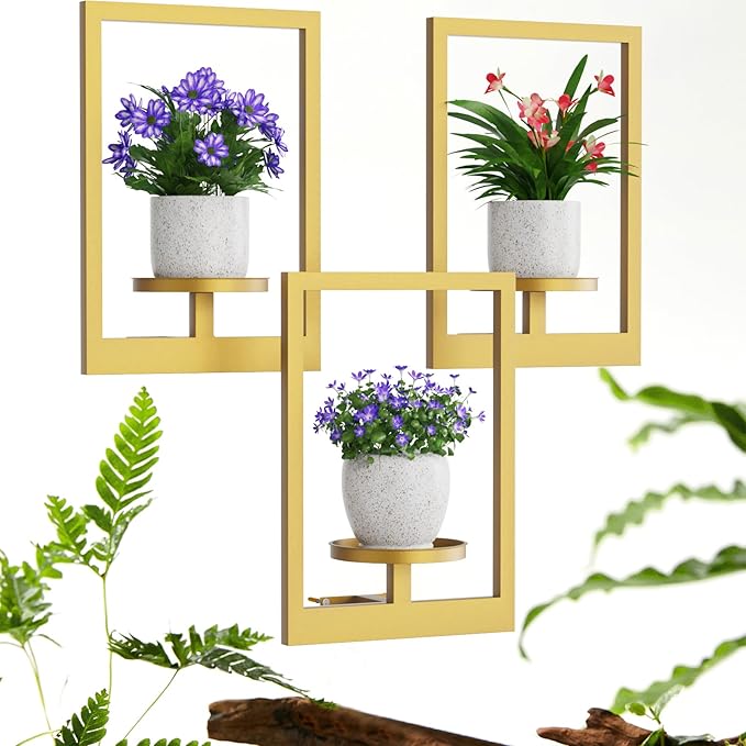 Picture Frame Wall Plant Holder, Metal Window Plant Shelves Plant Holder for Indoor Plants, Hanging Wall Planters Wall-Mounted Plant for Home, Office, and Garden (Gold, 3PCS)