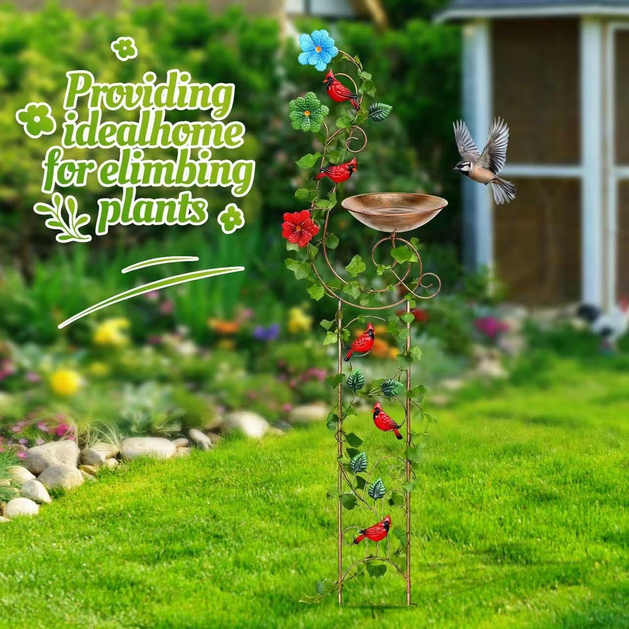 57” Bird Bath with Garden Trellis for Climbing Plants Outdoor, Small Decorative Metal Birdbath Bird Baths (Redbird)