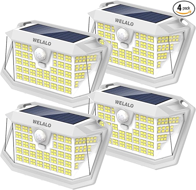 Solar Motion Sensor Lights Outdoor, [3 Modes/4 Pack/188 LED] 270° Wide Angle Lighting, Security Solar Powered Wall Lights, IP65 Waterproof Flood Lights for Fence Porch Yard Patio(White)