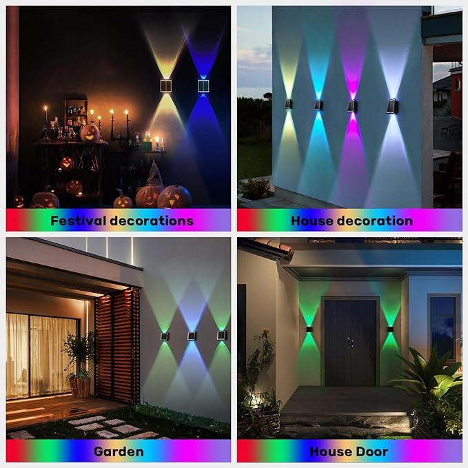 2LEDs Multi-Color Solar Wall Lights, Up and Down Lighting Solar Outdoor Light Waterproof IP65, Solar Fence Light for Yard Garden Garage (4 Pack)
