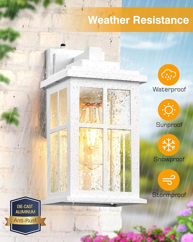 White Outdoor Wall Lights, Dusk to Dawn Exterior Lighting Fixtures, Waterproof Outside Lights for House, Garage, Garden, Entryway, Doorway, Anti-Rust, Modern Style, Tempered Glass