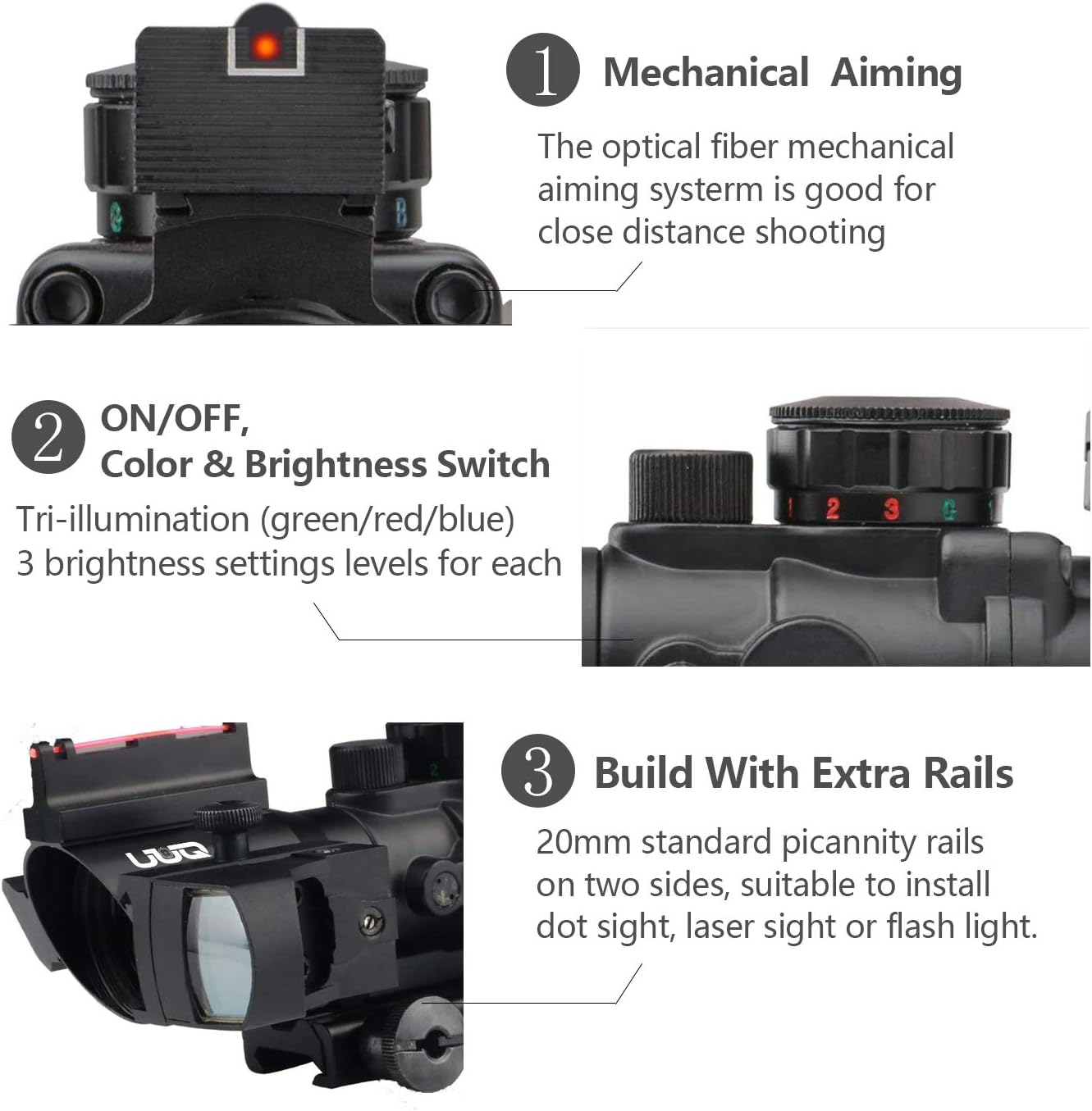 UUQ Prism 4x32 Red/Green/Blue Triple Illuminated Rapid Range Reticle Rifle Scope W/Top Fiber Optic Sight and Weaver Slots