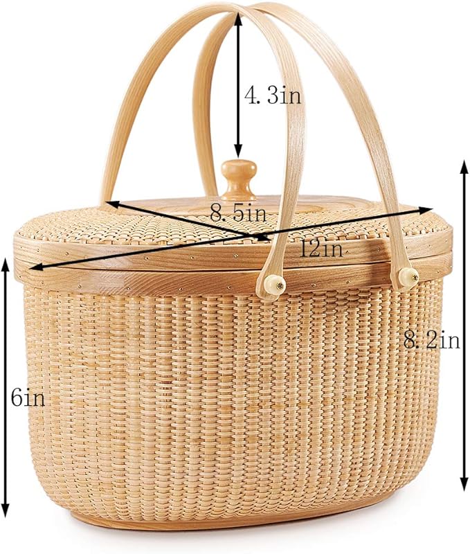Nantucket style basket Picnic Basket rattan Handmade Products woven Sewing storage basket Two swing handles Tote Bag For Women