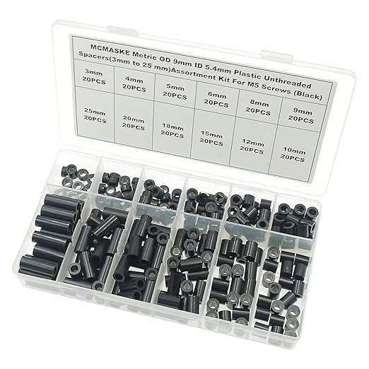 OD 9mm(0.354") ID 5.4mm(0.212") Plastic Unthreaded Spacers Assortment Kit;Wall Plate spacers for M5 Screws;Clearance Spacers;Round Spacers;3mm to 25 mm Lengths (Black)