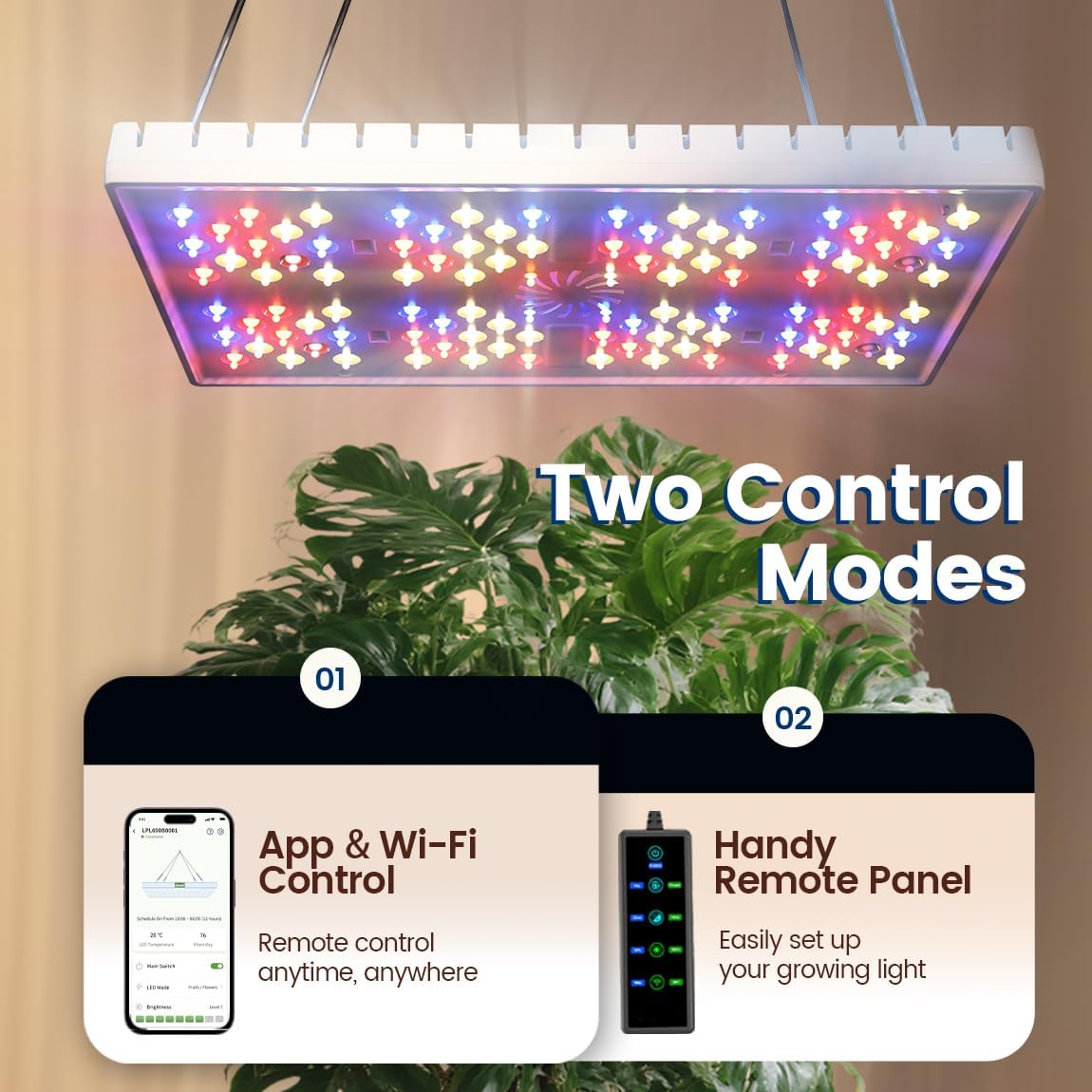 Grow Lights for Indoor Plants, [Smart APP & Expansive 2x2 Ft Coverage] Genuine 48Watt LED Full Spectrum Hanging Growing Plant Lamps, 8-Level Brightness（No Stand）