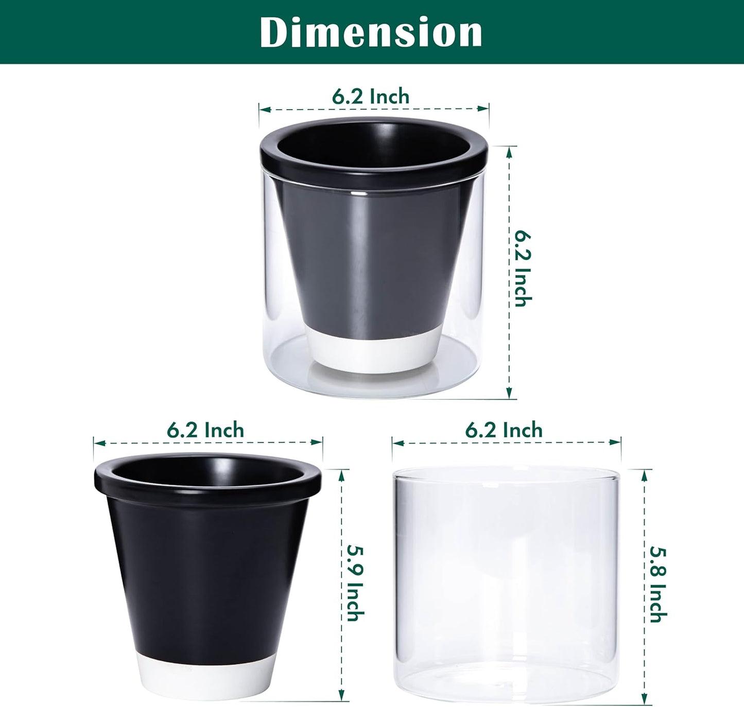D'vine Dev 6 Inch Design Self Watering Planter for Indoor Plants, Black Terracotta Pot with Cylinder Glass Cup, Set of 2, 37-Y-B-3