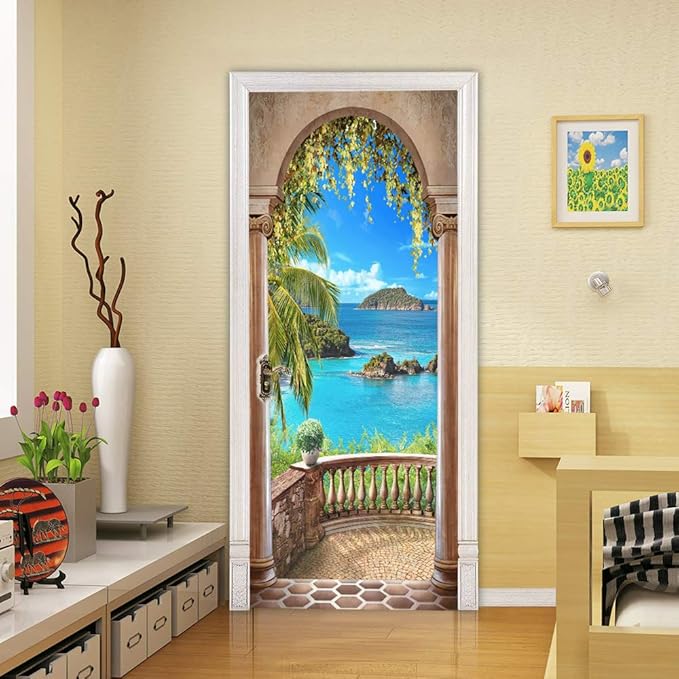 3D Door Stickers Murals - Landscape - Peel & Stick - Removable PVC Waterproof Door Poster - 37.4" x 84.6" - White - Tropical Ocean Theme