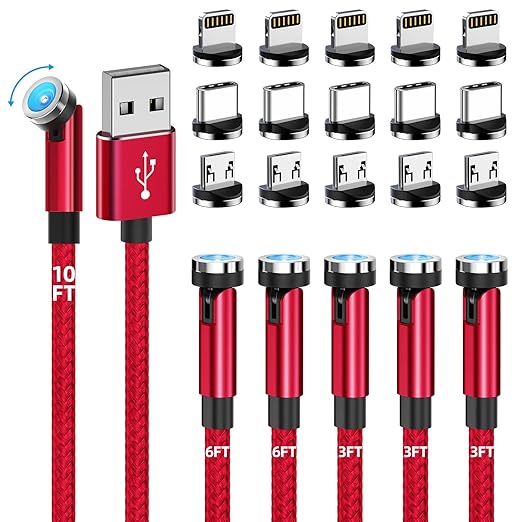 Magnetic Charging Cable, 540° Rotating Magnetic Phone Charger [6-Pack, 3ft/3ft/3ft/6ft/6ft/10ft] 3 in 1 Magnetic Charger Cable Nylon Braided Magnetic USB Cable for iProduct/Micro USB/Type C Device-Red