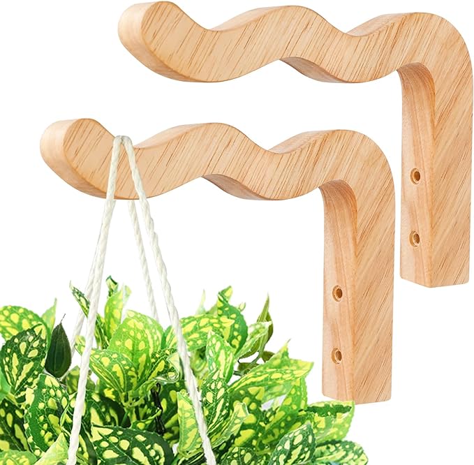 FGSAEOR Plant Hangers Outdoor, Hanging Plant Hooks for Indoors, Wave-Shaped Wooden Hanging Baskets for Wall Plant Hooks Heavy Duty for Flower Pots Wind Chimes and Bird Feeders (2-Pack, 6.8-Inch)
