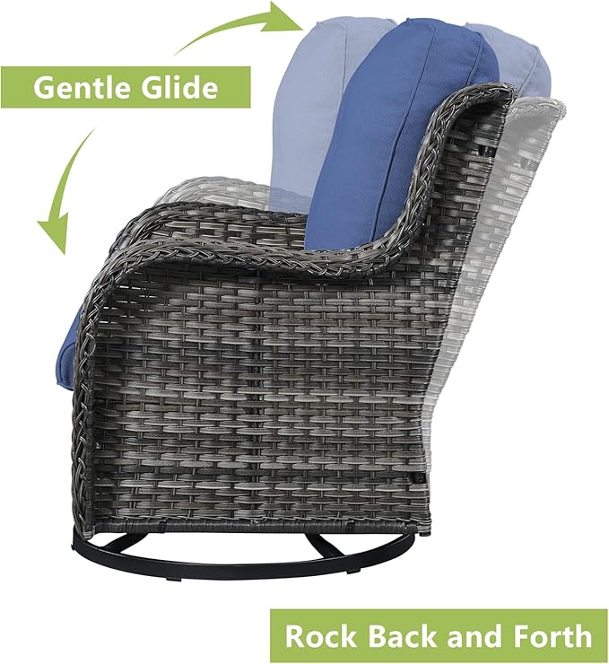Outdoor Patio Swivel Rocker Chairs - 3 Piece Patio Bistro Set,Wicker Patio Furniture Set with 2 Swivel Rocking Chairs and 1 Glass Top Side Table for Deck Porch Garden,Mixed Grey/Blue
