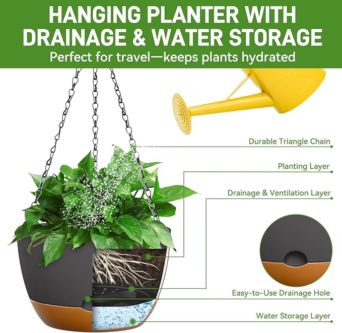 8 Inch Hanging Planters for Indoor & Outdoor Plants (2 Pack) - Self-Watering & Drainage Flower Pots with 2 Kinds of Plant Hangers for Home Decor & Garden (Deep Gray, 8 in)