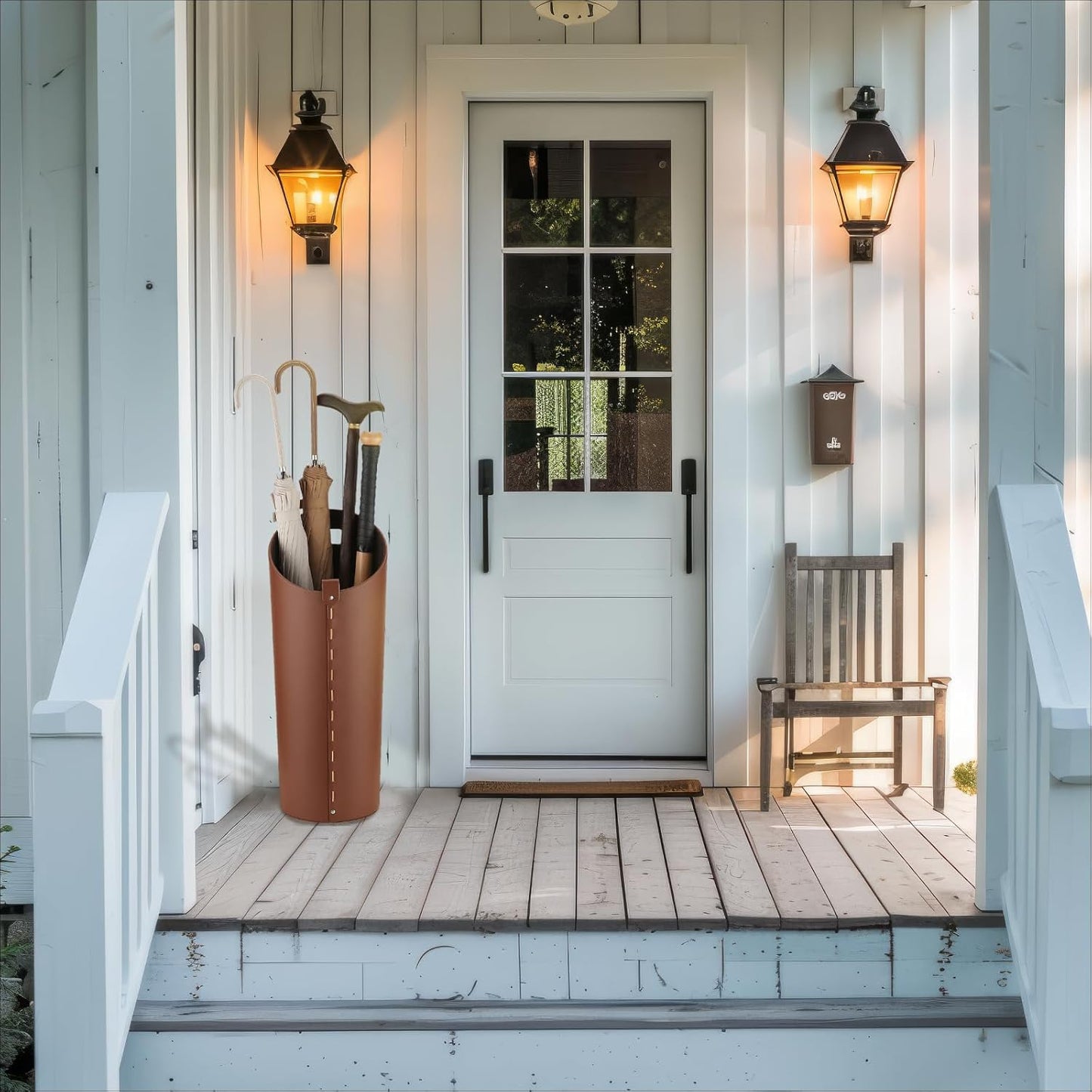 Brown Leather Umbrella Holder Indoor Umbrella Stand Rack for Entryway Tall Bucket That won't Fall Down Storage 10 Different Sizes of Canes Walking Sticks Toy Swords etc