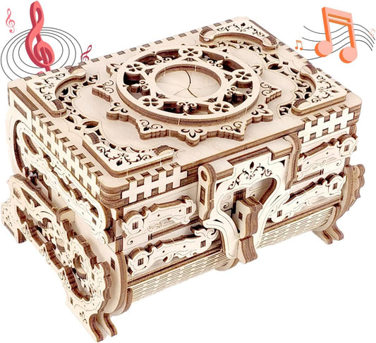 3D Wooden Puzzle for Adult Music Box Kit, Mechanical Treasure Box Jewelry Storage, DIY Home Decoration Valentines Day Stunning Gifts for Adults Teens Kids (Antique Case)