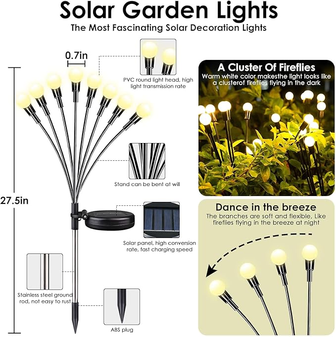 2025 Solar Lights Outdoor Waterproof , 10 Pack Solar Garden Lights, Solar Firefly Lights Outdoor Waterproof, Solar Twinkle Swaying Fairy Light for Yard Patio Pathway Garden Decoration (Warm White)