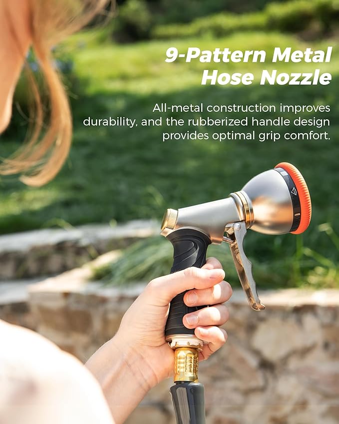 Retractable Garden Hose Reel 1/2 in x 130 ft Professional Metal Bracket & 9-Pattern Metal Nozzle UV Resistant Brass Fitting Heavy Duty Wall Mount Any Length Lock Slow Retraction 180° Swivel