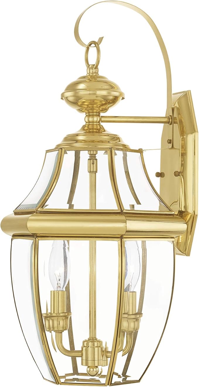 Livex Lighting 2251-02 Monterey 2 Light Outdoor Polished Brass Finish Solid Brass Wall Lantern with Clear Beveled Glass, 20.25" x 10.5" x 10"