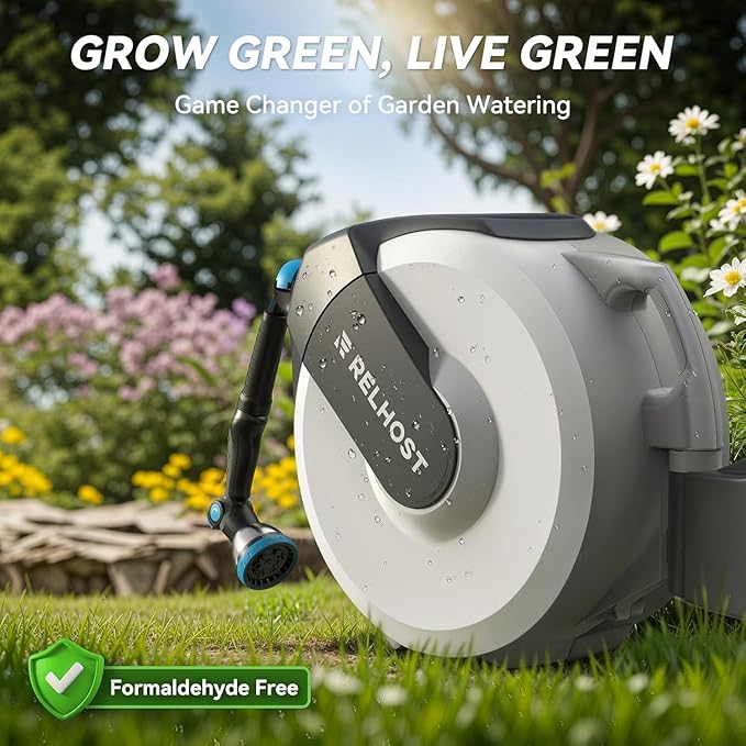 Retractable Garden Hose Reel - 100 ft x 5/8 in Heavy Duty Wall Mount with Auto Rewind, Any Length Lock, 180° Swivel Bracket & 10-Pattern Nozzle (White & Grey)