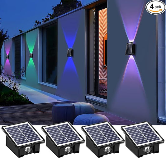 2LEDs Multi-Color Solar Wall Lights, Up and Down Lighting Solar Outdoor Light Waterproof IP65, Solar Fence Light for Yard Garden Garage (4 Pack)