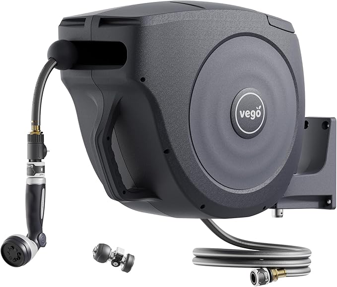 Vego Garden Hose Reel Retractable Hi-Flow x 100ft Wall Mounted Hose Reel Automatic Rewind, Any Length Lock with 9 Patterns Sprayer Nozzle, Quick Connector and Adjustable shot Nozzle-Tidepool Blue