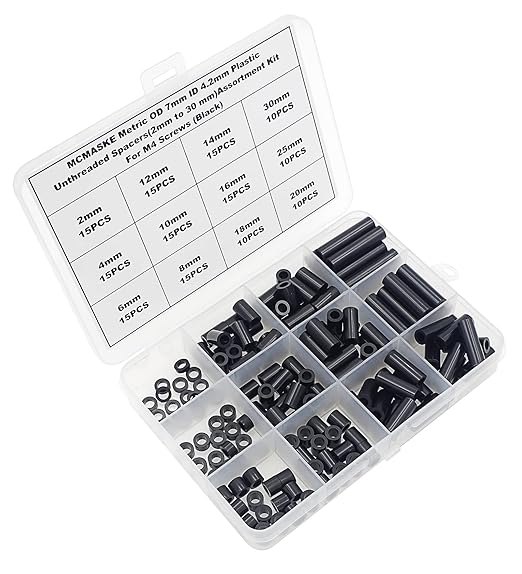 Metric OD 7mm ID 4.2mm Plastic Unthreaded Spacers(2mm to 30 mm) Assortment Kit for M4 Screws;Clearance Spacers;Round Spacers(Black)
