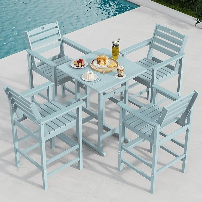 Tall Adirondack Chairs Set of 4, HDPE Wood Balcony Adirondack Chairs Set with Heart Cutout Design, Weather-Resistant Bar Height Furniture for Deck, Porch, Pool (Light Blue)
