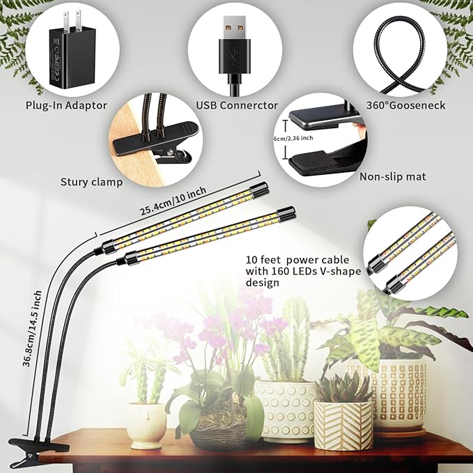 2 Heads Clip Grow Light with V-Shaped Design, Full Spectrum Grow Lights for Indoor Plants, Adjustable 360° Gooseneck Grow Lamp, 3/9/12H Timer & 10 Dimming Levels for Seed Starting(2 Pack)