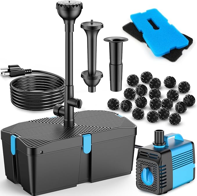 Pond Filter with Fountain Pump Kits, 660GPH Pond Pump and Filter Kit with 50W Submersible Water Pump, Pond Filters for Outdoor Ponds Clean Koi Pond Filter