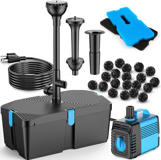 Pond Filters for Outdoor Ponds, 820 GPH Pond Filter with Fountain Pump Kits, 60W Pond Pump and Filter Kit for Koi Pond Clean, Garden Fountains, Waterfall