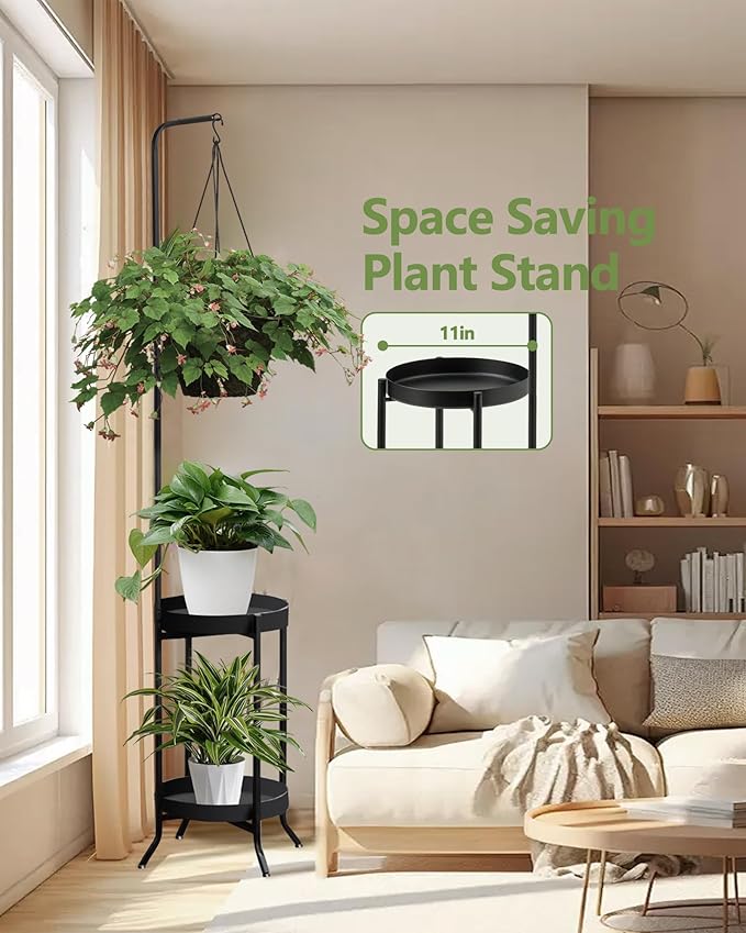 2Pcs Hanging Plant Stand Indoor Outdoor, Space-Saving Corner Metal Plant Shelf 3 Potted Flower Pot Stand, 2 Tier 61" Tall Modern Planter Holder for Patio Garden Balcony Living Room Bedroom