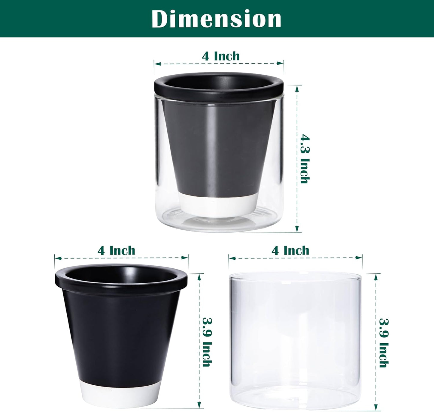 D'vine Dev 4 Inch Design Self Watering Planter for Indoor Plants, Black Terracotta Pot with Cylinder Glass Cup, Set of 2, 37-Y-A-3