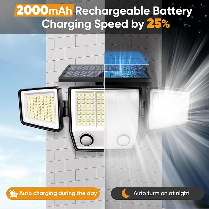 Solar Motion Sensor Outdoor Lights Waterproof - 3000LM 3 Modes Security Lights Outdoor 270° Illumination IP65 LED Solar Flood Wall Light for Garden Yard Patio Pathway (3 Pack)