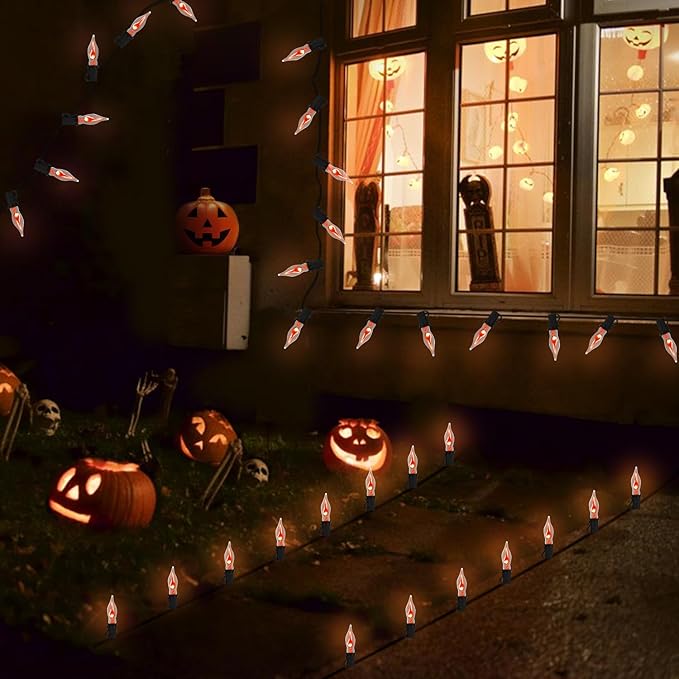 27.8Ft Halloween Decorations Flickering Flame String Lights with 29 Pack Clear Glass Flame Light Bulbs (4 Spare), E12 Base, Great for Christmas Halloween Indoor Outdoor Home Party Decor, Black Wire