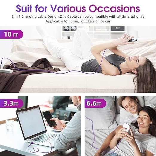 Magnetic Charging Cable 540° Rotating Magnetic Phone Charger [6-Pack, 3ft/3ft/3ft/6ft/6ft/10ft] 3 in 1 Magnetic Charger Cable Nylon Braided Magnetic USB Cable for i-P/Micro USB/Type C Device-Purple