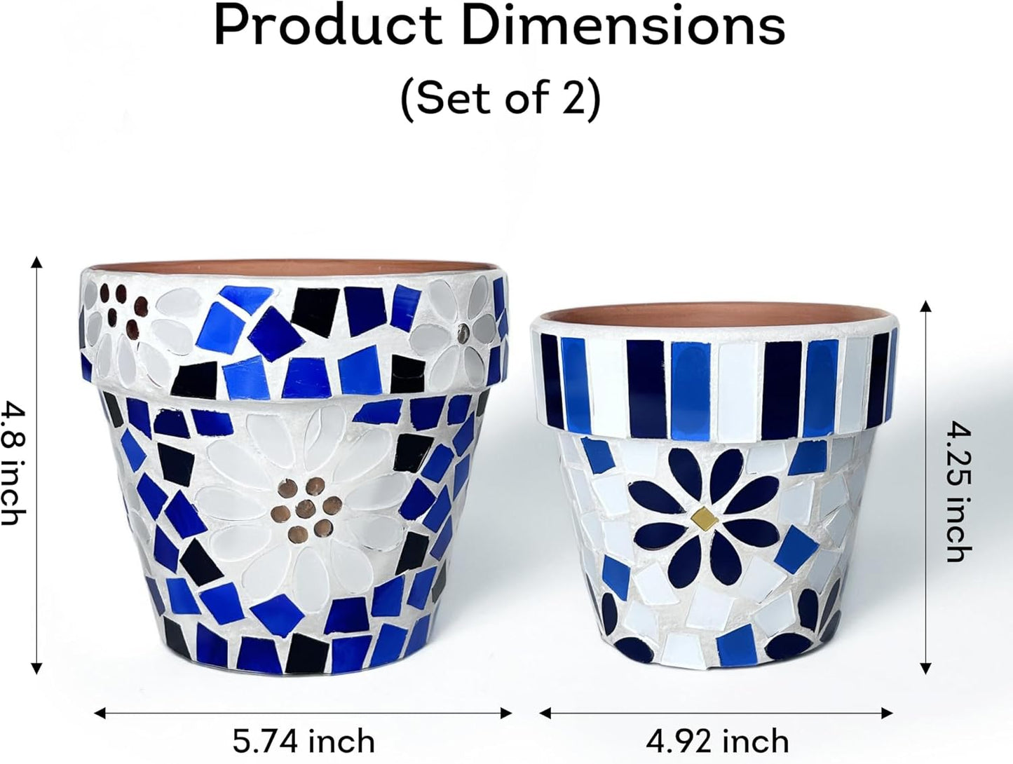 Lily's Home Set of 2 Flowerpots with Mosaic Pattern. Decorative Plant Pots with Drainage Holes for Indoor Outdoor, Perfect for Snake Plants, Succulents,Terracotta. Pots are 4 9⁄10 & 4 ¼ inch Height.
