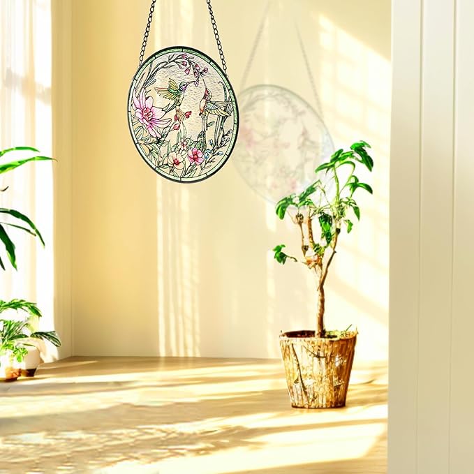 Remiawy Stained Glass Window Hanging Hummingbird Window Suncatcher 6 Inch Glass Panel with Metal Chain and Hooks Sun Catchers Indoor Wall Art Home Decor Gift for Bird Lovers Women Mother's Day