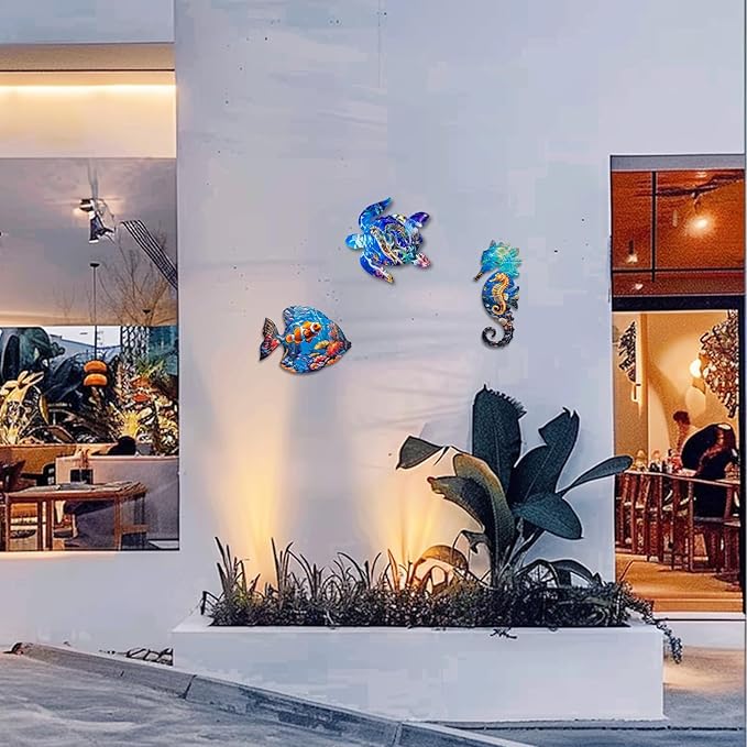 LIFFY Metal Fish Wall Decor Fish Metal Wall Art Ocean Themed Sea Turtle Fish Seahorse Coastal Wall Sculpture, Nautical Outdoor Decor For Garden, Fence, Patio, Pool,Beach,Bathroom (3 Pcs)